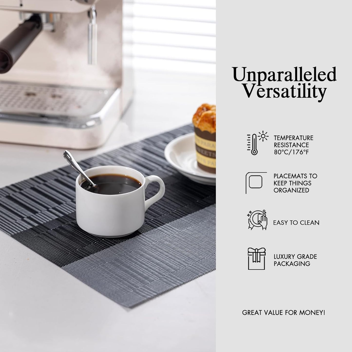 Placemats Set of 6 - Easy Clean Woven Vinyl Placemats for Dining Table, Indoor/Outdoor Place Mats, Washable PVC Table Mats （Silver Gray Black）