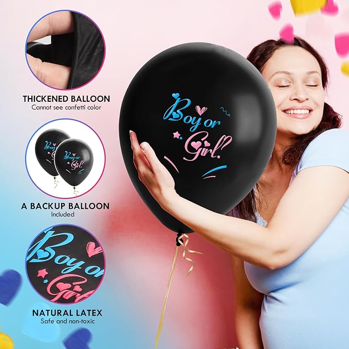 Jumbo 36 Inch Gender Reveal Balloons - 2pcs Big Black Gender Reveal Confetti Balloons with Pink and Blue Heart Shape Confetti for Boy or Girl Baby Shower ideas Decoration
