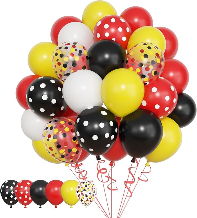 Amandir 153pcs Red Yellow Black Balloon Garland Arch Kit, Different Sizes 18 12 10 5 inch Red Yellow Black Dot Latex Confetti Balloons for Cartoon Mouse Birthday Party Decoration