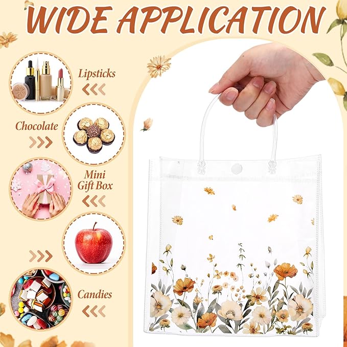 Resholder 24 Pcs Boho Flower Clear Gift Bags Wild Floral PVC Treat Tote with Handle Fall Thanksgiving Goodie Gift Bags for Wedding Birthday Baby Shower Bridal Tea Party Supplies, 8 x 8 x 3.15 Inch
