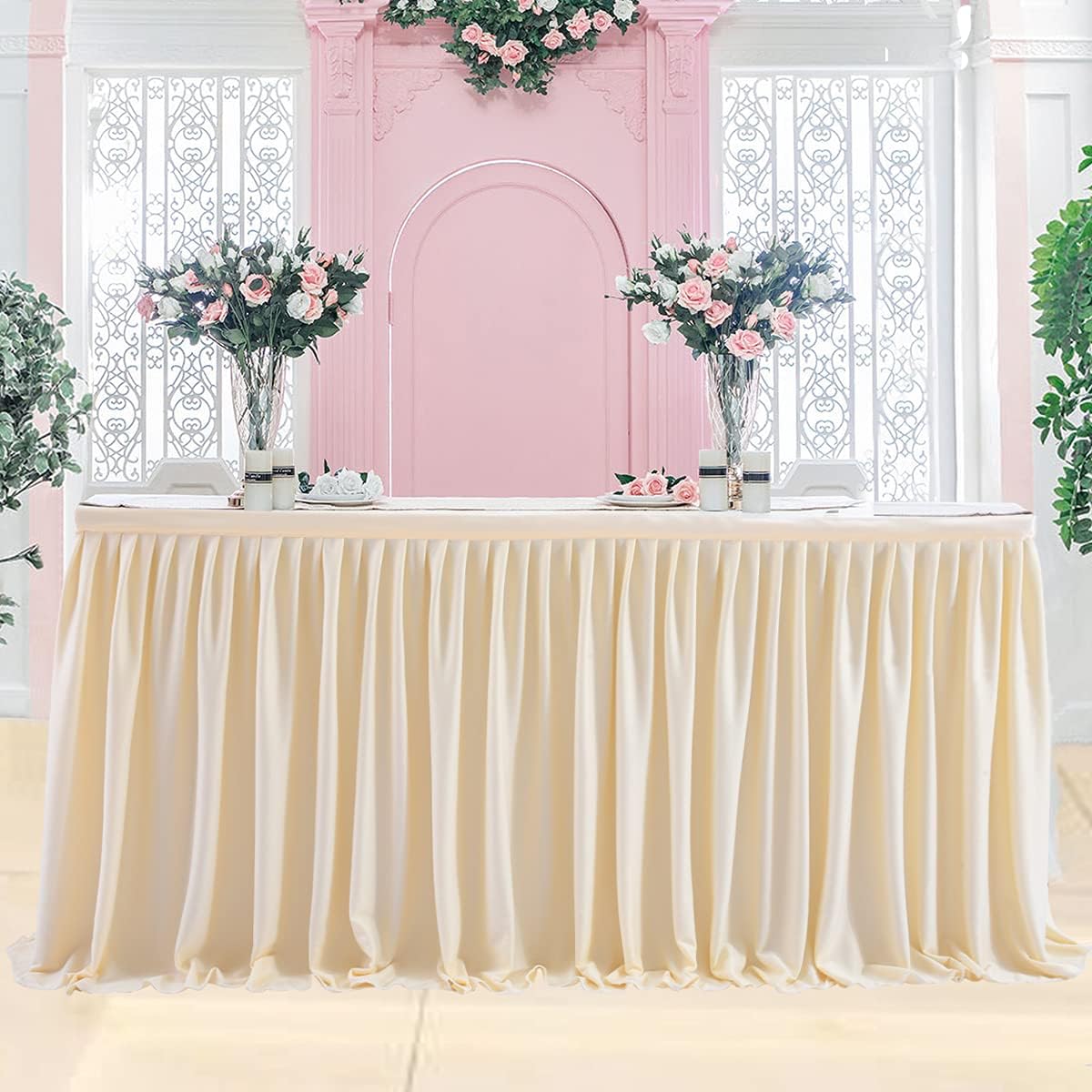 14ft Ivory Table Skirt for Rectangle Tables Polyester Pleated Table Skirt Desk Skirts Ruffle Tablecloth Skirt for Wedding Birthday Party Baby Shower Bridal Shower Banquet Table Decoration