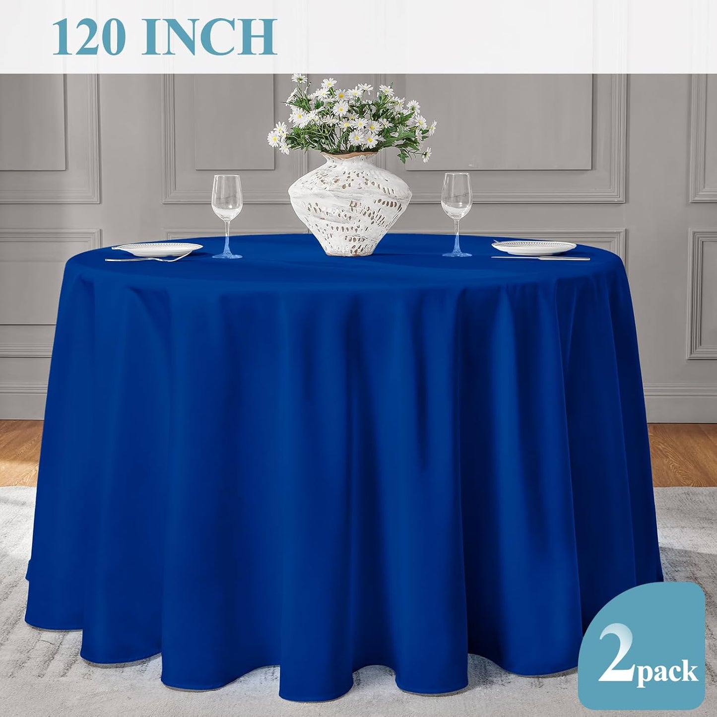 VidaFete Tablecloth 2 Pack 120inch Round Table Cloth Polyester, Stain Wrinkle Resistant Polyester Dining Table Cover for Kitchen Dinning Party Wedding Round Tabletop Buffet Decoration(Royal Blue)