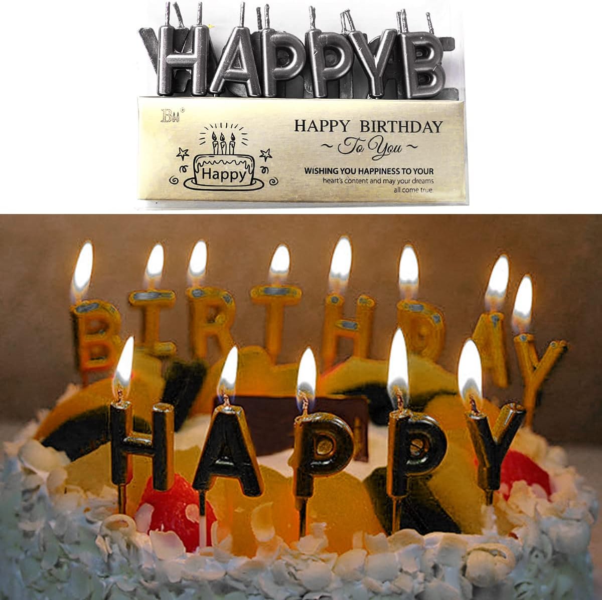 Black Cake Topper Decoration with Happy Birthday Candles, Acrylic Birthday Cake Topper, Confetti Balloon and Paper Fans for Black Theme Birthday Party Decor Women Man Girl Boy