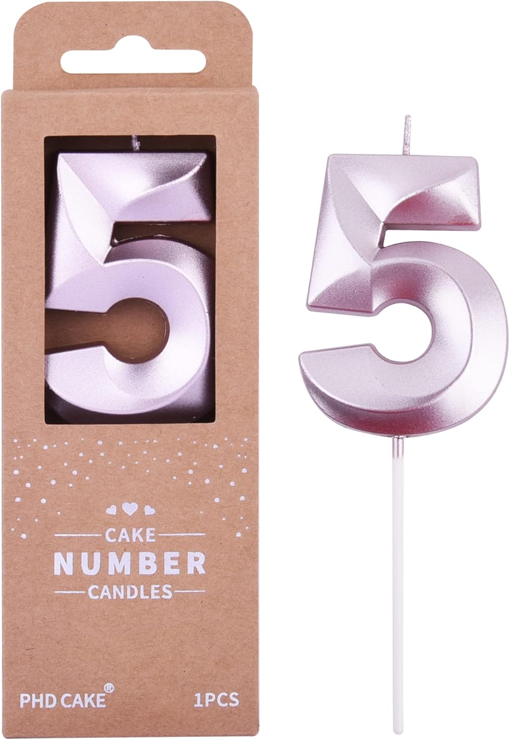 PHD Cake 2.76 Inch Diamond Rose Gold 5 Number Birthday Candles, Rose Gold & Cake Number Candles for Party Celebration