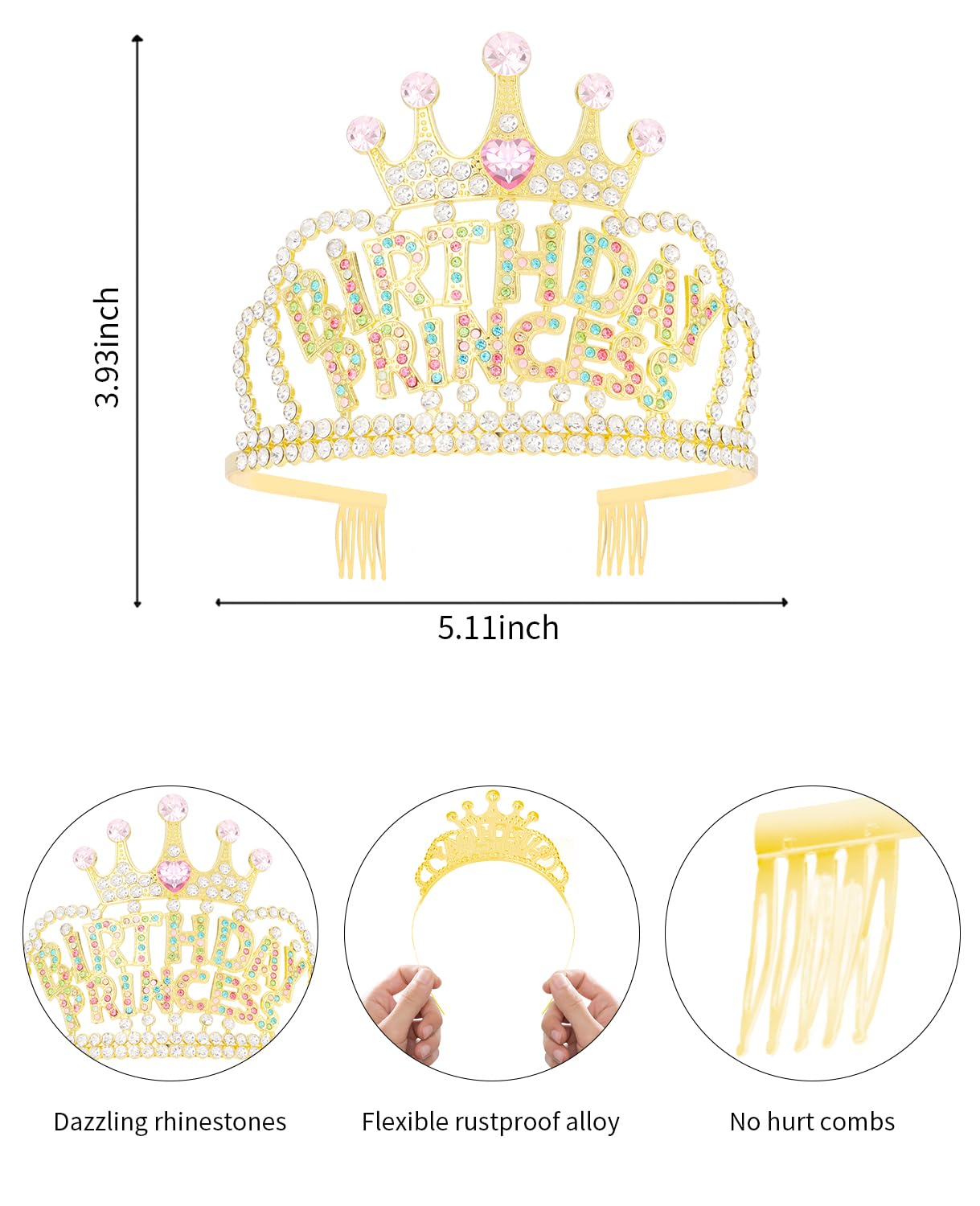 Wecoe Birthday Crown Multi-colored Princess Rhinestone Tiara with Combs Happy Birthday Party Favors Pink Decorations 16th 18th 21st 25th Gifts for Her