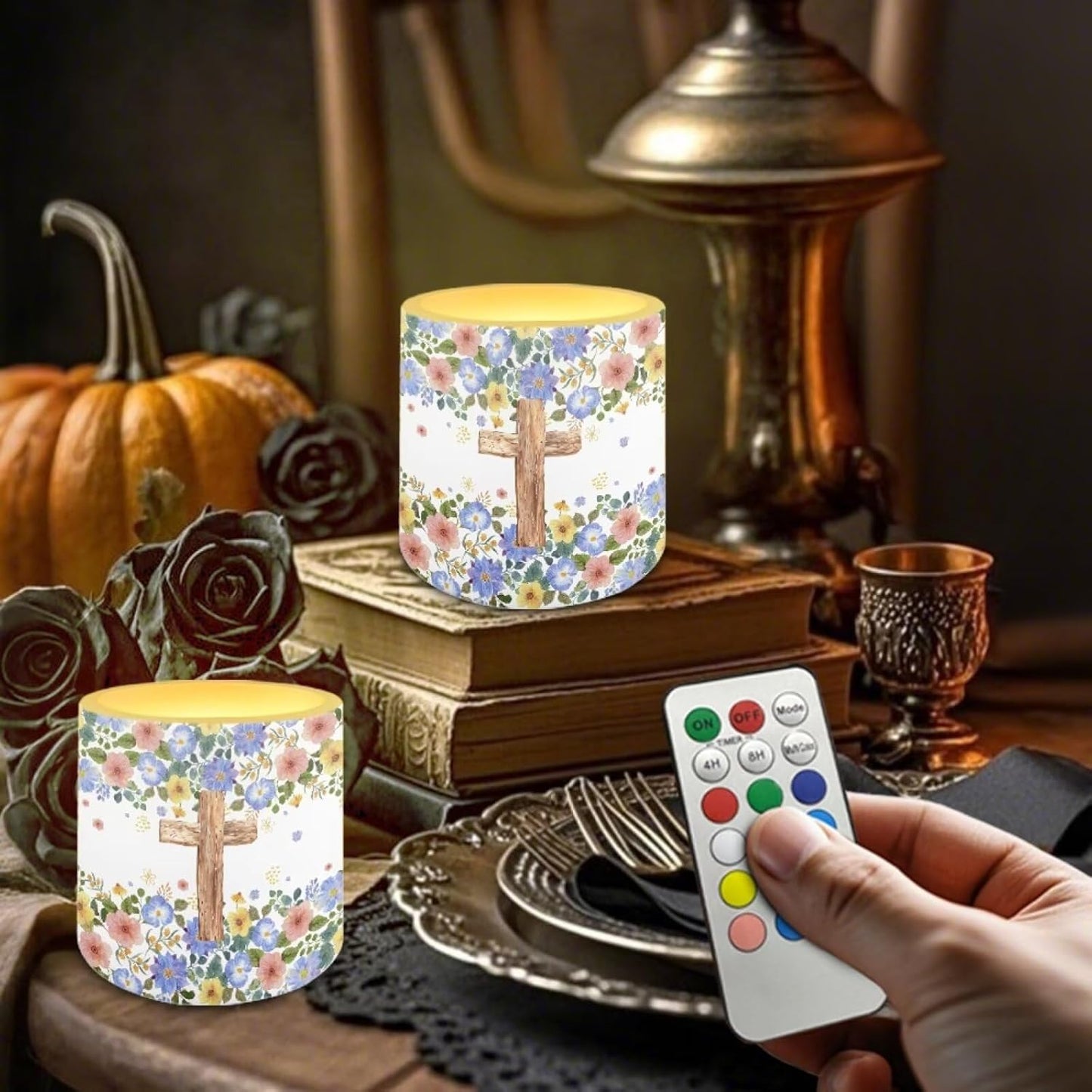 Poceacles Remote Control LED Candles Set of 4 Battery Powered Flameless Candles with Multi-Color Lighting Options, 12 Colors Changing, Timer Function, for Indoor Outdoor Decor, Floral Cross