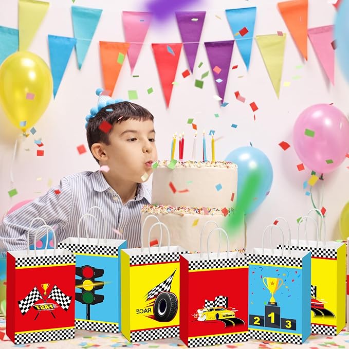 Outus 24 Pieces Race Car Party Favor Bags Car Birthday Party Supplies Goodie Gift Treat Bags with Handles for Checkered Flag Race Theme Two Fast Birthday Decorations Boy Gifts