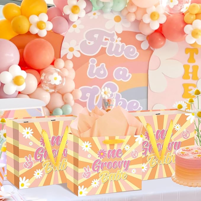 Groovy One Boho 1st Birthday Gift Bag for Girls with Card Tissue Paper, Daisy Flower Hippie First Birthday Wrapping Paper for Retro Baby Shower Party Gift Wrap Christmas Decorations Supplies