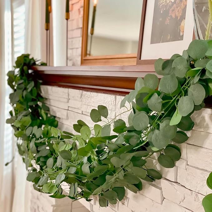 CQURE 14Pcs Eucalyptus Garland,Artificial Eucalyptus Leaves Table Greenery Garland Wreath Vines for Wedding Party Table Fireplace Bedroom Wall Room Decor