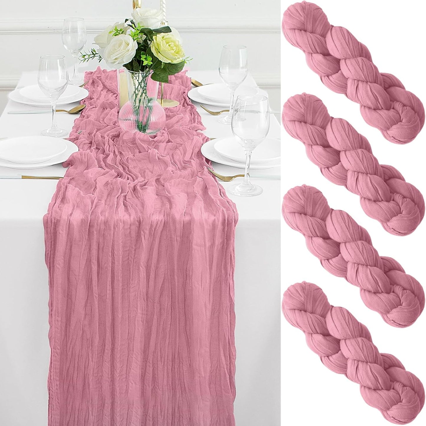 4Pack Dusty Rose Cheesecloth Table Runner 10FT Gauze Cheese Cloth Table Runner 35x120Inch Long Boho Spring Easter Table Runners Rustic Sheer Table Runners for Wedding Baby Shower Bridal Shower Decor