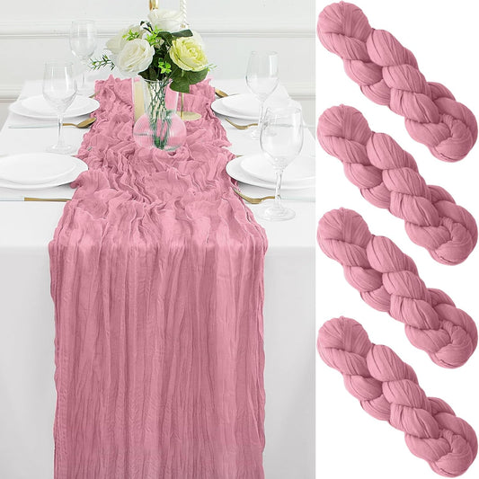 4Pack Dusty Rose Cheesecloth Table Runner 10FT Gauze Cheese Cloth Table Runner 35x120Inch Long Boho Spring Easter Table Runners Rustic Sheer Table Runners for Wedding Baby Shower Bridal Shower Decor