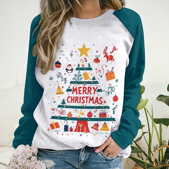 LOAIHA Christmas Sweatshirts for Women Christmas Tree Graphic Shirt Xmas Long Sleeve Merry Christmas Pullover Blouse