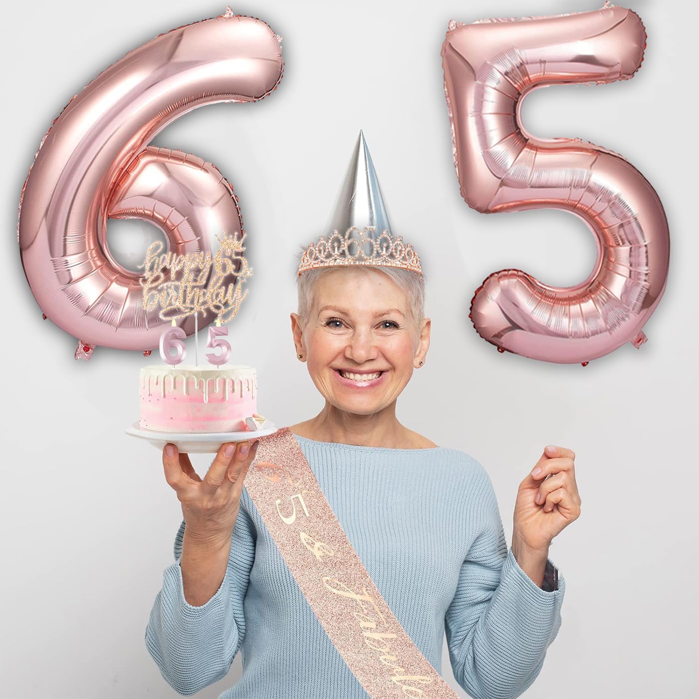 65th Birthday Gifts Decorations for Women, Including 65 year old Birthday Cake Topper,Queen Sash with Pearl Pin, Sweet Rhinestone Tiara Crown, Number Candles and Balloons Set, Rose Gold