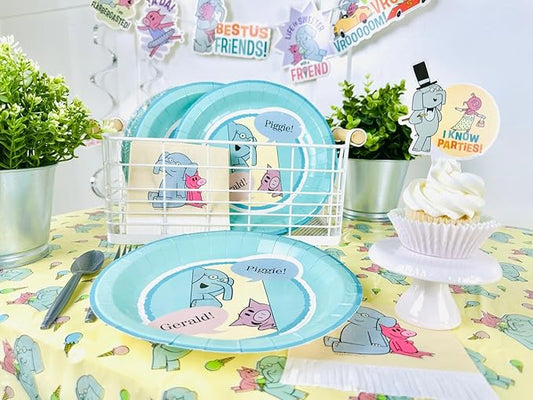 Elephant and Piggie Party Supplies for Birthday Party Decor with 12 Plates 12 Napkins and 1 Tablecloth for 9 Foot Table with Mo Willems Gerald and Piggie Book Characters (Tableware)