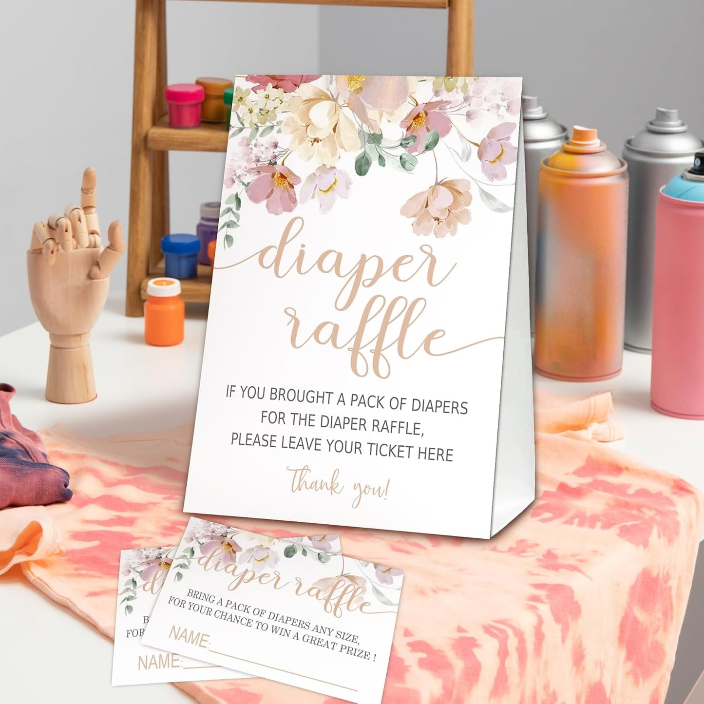 Floral Diaper Raffle Tickets for Baby Shower Game, 1 Standing Sign(5 * 7 Inch) & 50 Guessing Cards for Baby Shower Party Decoration