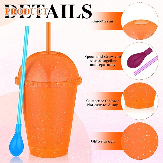 6 Set Slushie Cups with Dome Lids and Straws Detachable Spoon Straws Reusable Plastic Iced Coffee Cups Smoothie Tumbler for Birthdays Summer Party Supplies(Orange,16 oz)