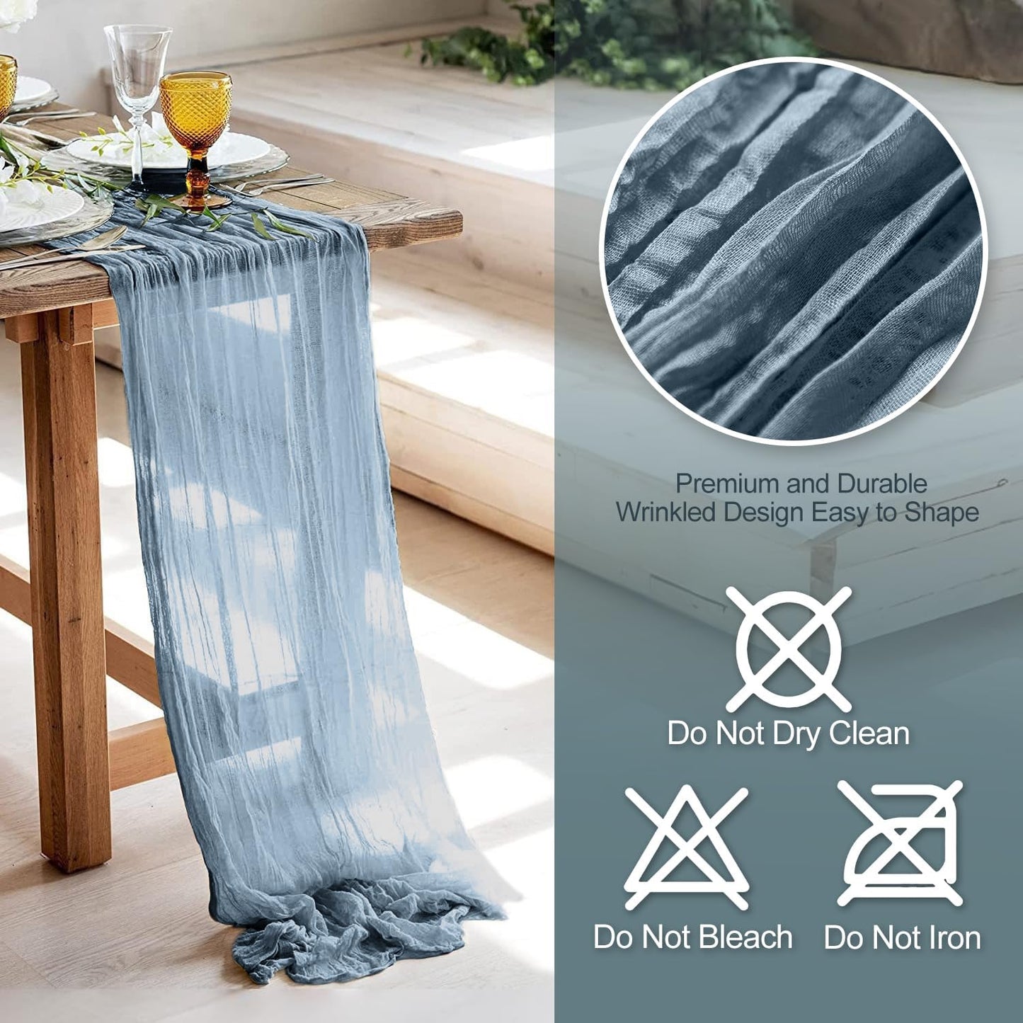 GARIG 6 Dusty Blue Table Runner for Summer, 10FT Boho Sheer Spring Gauze Cheesecloth Table Runner 35x120Inch for Mother's Day Wedding Party Baby Bridal Shower Birthday Home Decor
