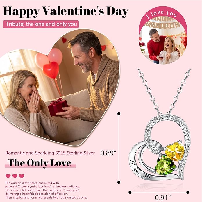 Double Birthstone Heart Necklace 0.8CT Dual-Gemstone S925 Sterling Silver Plated White Gold Engraved I Love You Perfect Anniversary/Valentine's Day Gift for Wife/Girlfriend/Mom/Daughter