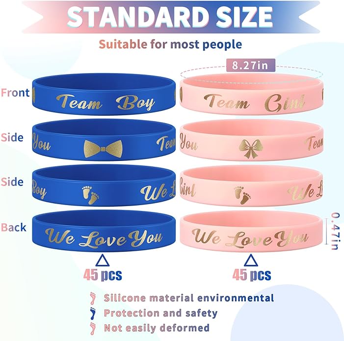 Jetec 60 Pieces Gender Reveal Bracelets, Team Boy Silicone Wristbands and Team Girl Rubber Bracelets for Gender Reveal Ideas Party Supplies Decorations