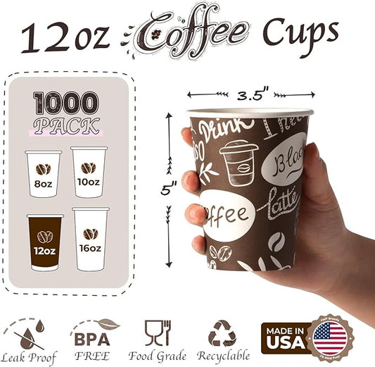 Fit Meal Prep 12 oz Coffee Cups 1000 Count, Leak-Proof Hot Cup, Disposable Paper Coffee Cup Bulk for Hot/Cold Beverage, Durable Thickened Paper Cups for Party, Office, Bussines, Home, Bistros
