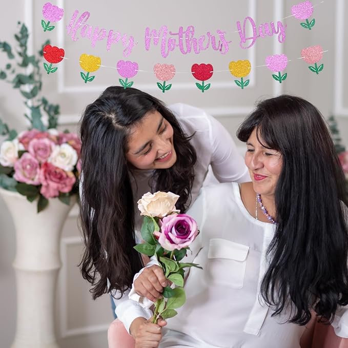 Happy Mother's Day Banner Set Decoration for Mother's Day Party Decorations Backdrop Garland for Mom Mother's Day Glitter Garland Photo Props (Pink Tulip)