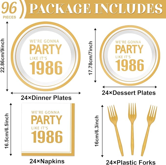 96Pcs 40th Birthday Plates and Napkins for We're Gonna Party Like It's 1986 Party Favor 40th Anniversary Paper Plates Cheer to 40 Years Tableware for Men Women Back in 1986 Birthday Decorations