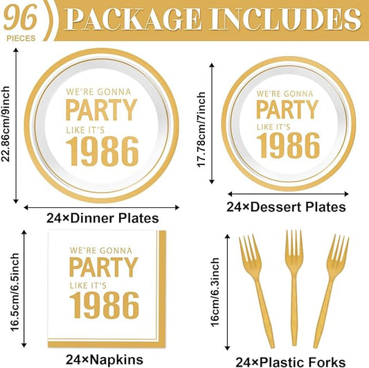 96Pcs 40th Birthday Plates and Napkins for We're Gonna Party Like It's 1986 Party Favor 40th Anniversary Paper Plates Cheer to 40 Years Tableware for Men Women Back in 1986 Birthday Decorations