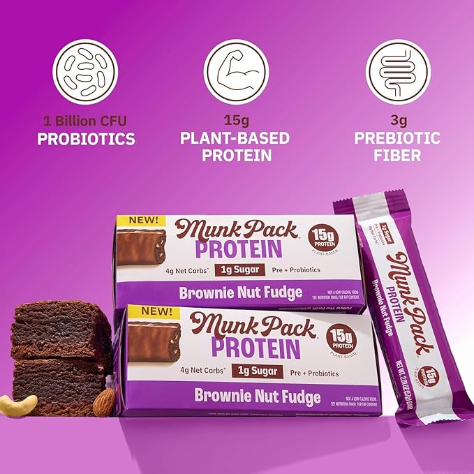 Munk Pack Sampler Pack Probiotic Protein Bars Stocking Stuffers | Keto-Friendly 15g Plant Protein, 1g Sugar, 4g Net Carbs - Vegan, Low Carb, Gluten-Free Healthy Snacks | 5 Count