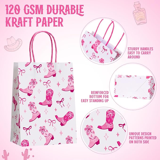 Gaillty 24 Pcs Western Cowgirl Paper Bags Let's Go Girls Boot Hat Pink Cowgirl Gift Bags Wild West Goodie Candy Treat Bag with Handles for Birthday Baby Shower Party Supplies Western Party Decor