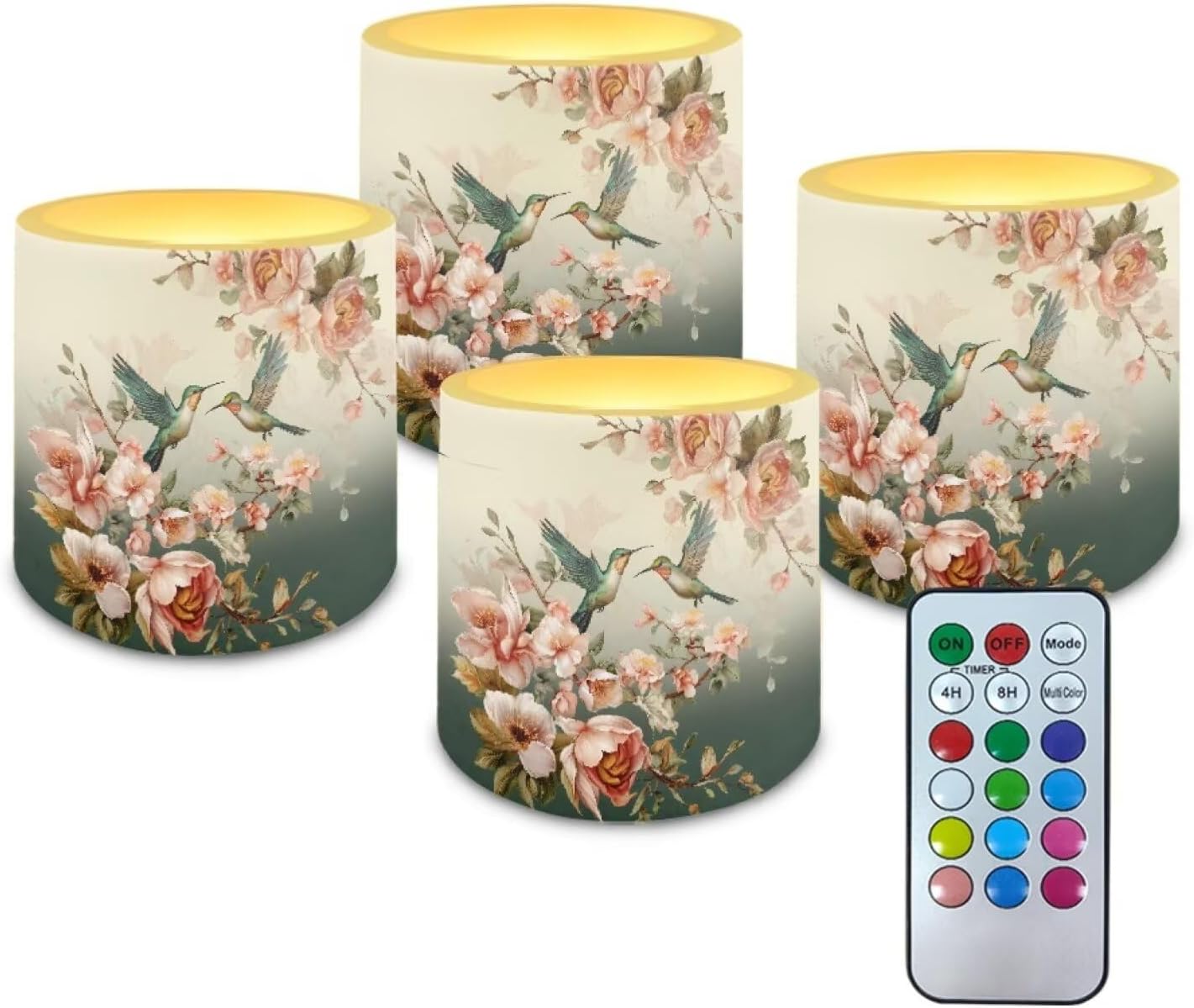 Poceacles Flameless LED Candles Set of 4 Battery Operated Candles with Remote and Timer, Realistic Flickering Tealights for Indoor Outdoor Decor, Hummingbird Floral Pattern