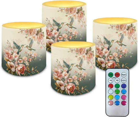 Poceacles Flameless LED Candles Set of 4 Battery Operated Candles with Remote and Timer, Realistic Flickering Tealights for Indoor Outdoor Decor, Hummingbird Floral Pattern