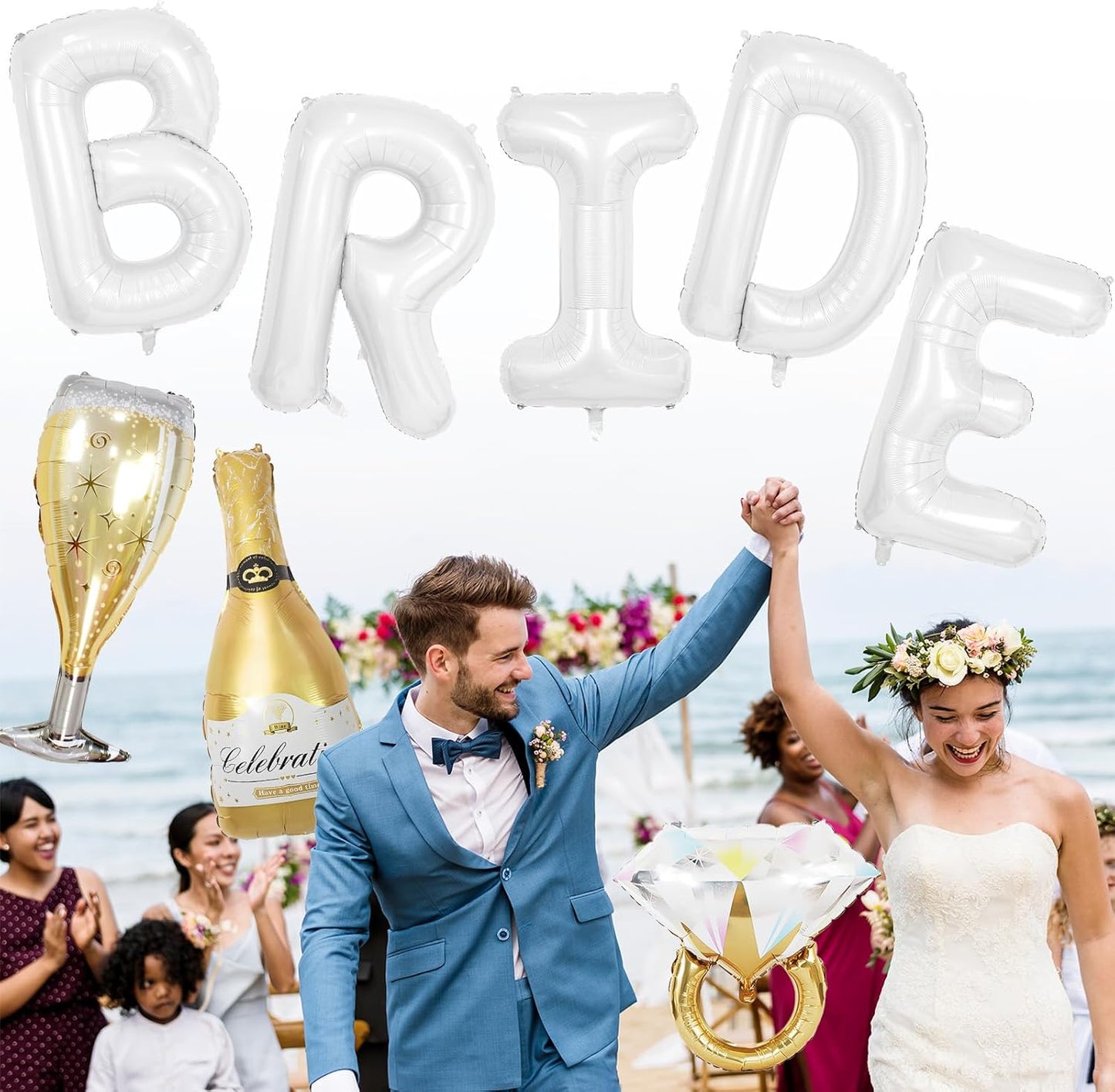 40inch Bride Balloons White Letters Banner, Bachelorette Party Decorations Set with Diamond Ring Champagne Bottle Balloon Glass Foil Balloon for Bachelorette Engagement Wedding Bridal Shower Decor