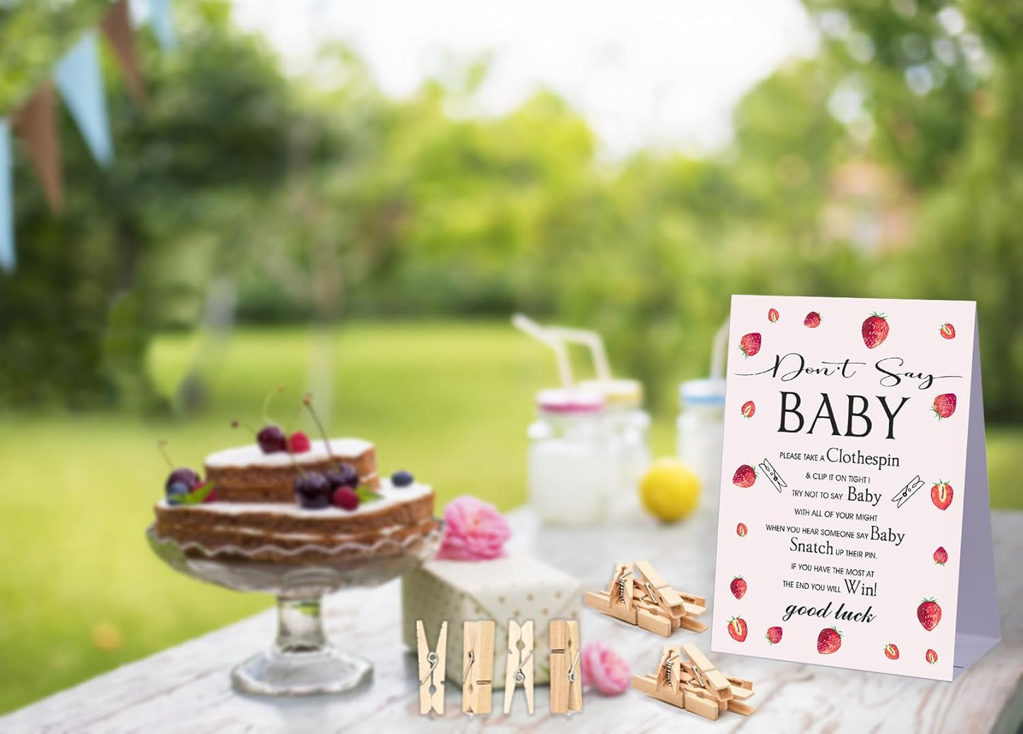 Don't Say Baby Baby Shower Game,Strawberry Berry Sweet Baby Shower Decorations,Mini Clothespins for Baby Shower,Neutral Baby Shower Decorations,1 Sign & 50 Mini Clothespins Set-B10
