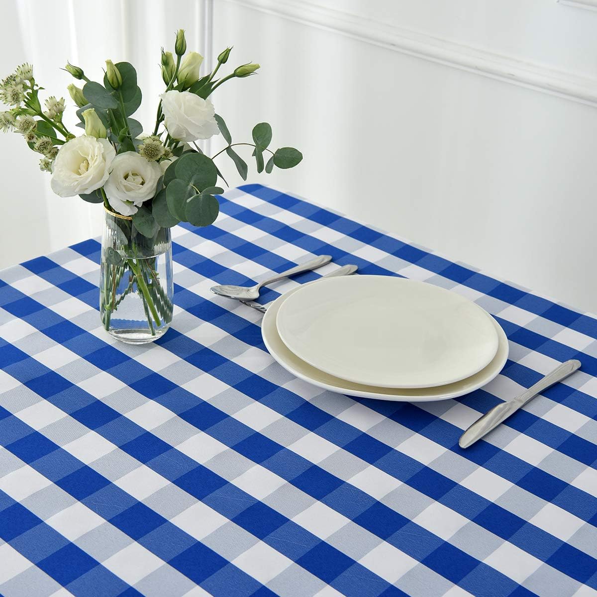 maxmill Checkered Rectangle Tablecloth Water Resistance Wrinkle Free Spillproof Heavy Weight Gingham Plaid Table Cloth for Buffet Banquet Parties Event Holiday Dinner, 60 x 84 Inch Blue and White