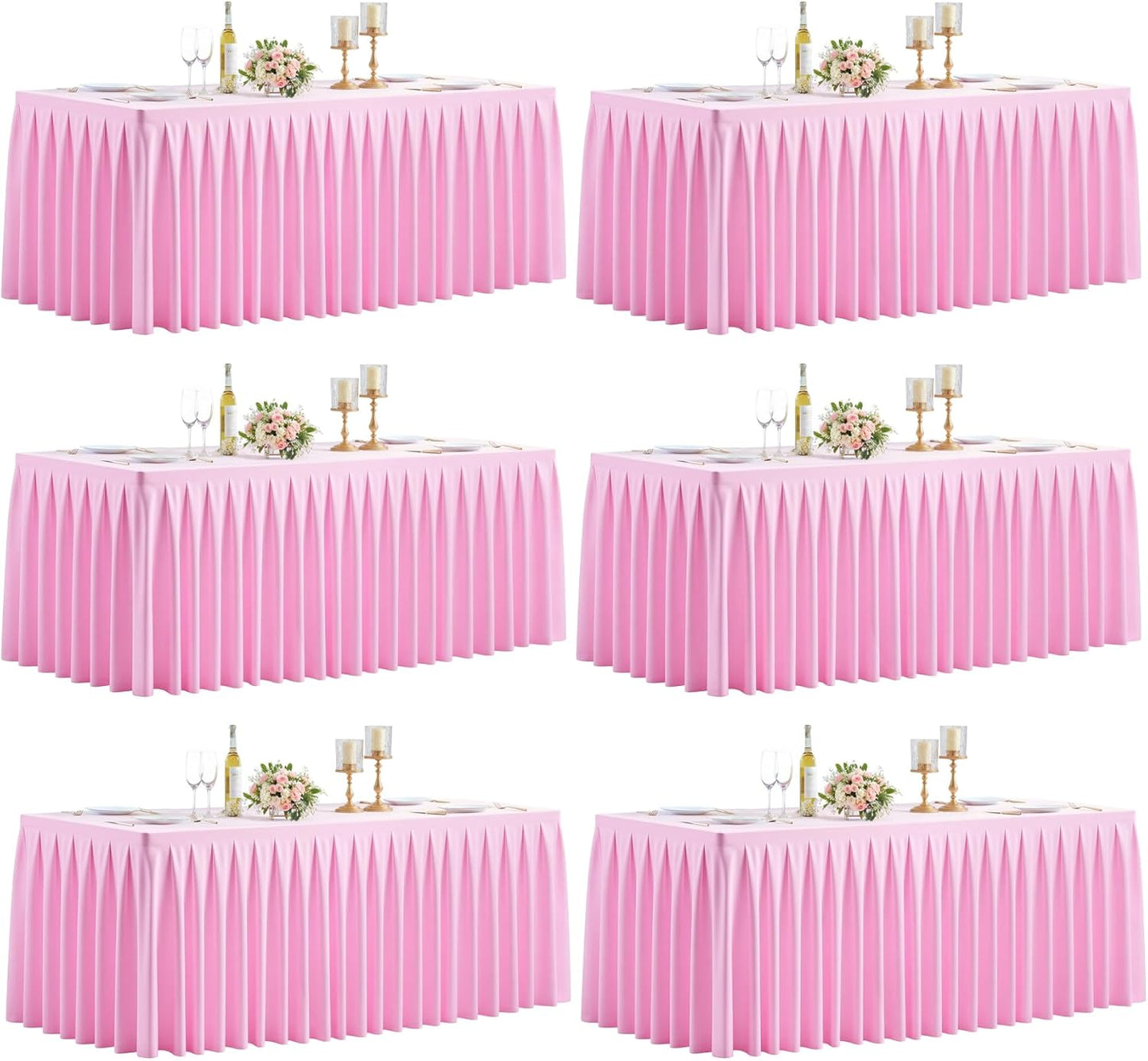 HB HBB MAGIC 6 Pack Pink Tablecloths for 6 Foot Rectangle Tables, Elegant Pleated Table Skirt – Wrinkle Free Stretch Fitted Table Cover for Weddings, Banquets, Birthday Parties & Events
