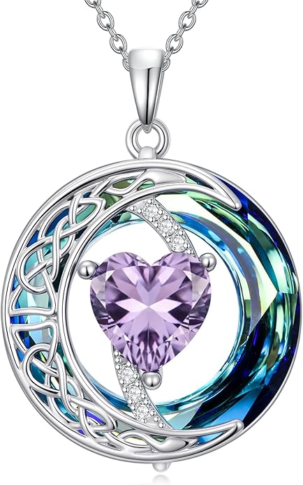 Valentines Day Gifts for Women, Birthstone Necklace for Women, Celtic Moon Pendant Blue Crystal Necklace Heart Jewelry Anniversary Jewelry Gift for Daughter Wife Mother Sister