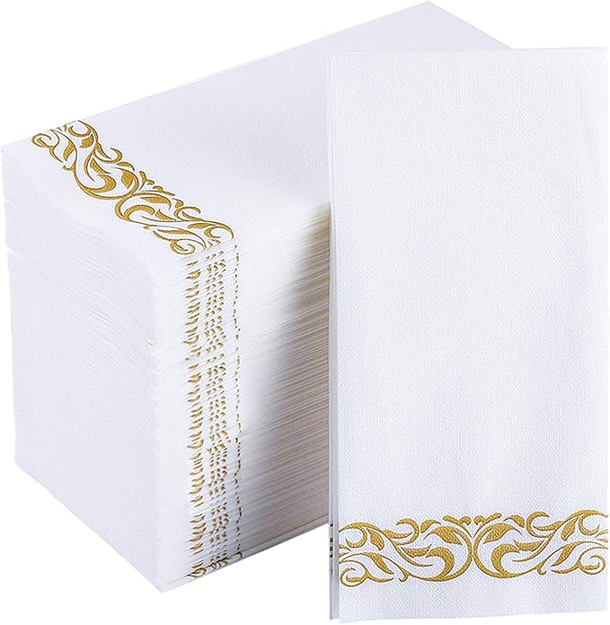 JOLLY CHEF 100 Disposable Hand Towels, Soft and Absorbent Linen Feel Dinner Napkin, Elegant Decorative Paper Guest Towels for Kitchen, Bathroom,Weddings,Parties, Gold and White