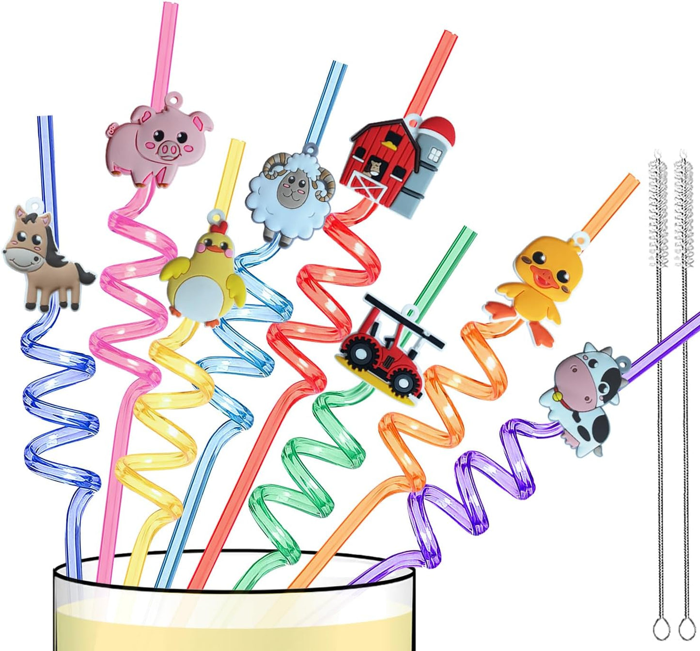 Reusable Farm Animal Straws Birthday Party favors, 24 PCS Plastic Farm Animals Swirly Drinking Straws for Kids Barnyard Party Supplies Decorations with Clean Brushes