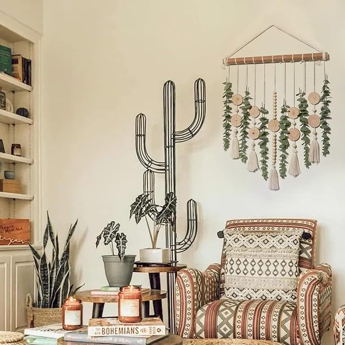 Artificial Eucalyptus Wall Hanging Decor Fake Plant Greenery Leaves Chip Strands Beads Garland on 16.5 inch Stick Boho Rustic Farmhouse Nature Bathroom Bedroom Living Room Decorations
