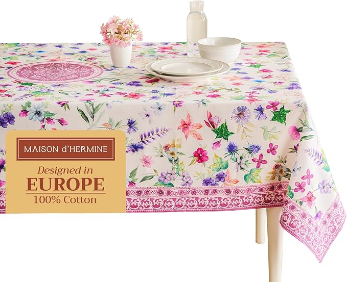 Maison d' Hermine Table Cloth Rectangle Table 100% Cotton 60 x 108 Inches Tablecloth Reusable Decorative for Dining Room Farmhouse Home Valentines Day Decorations Spring Summer - Chardon