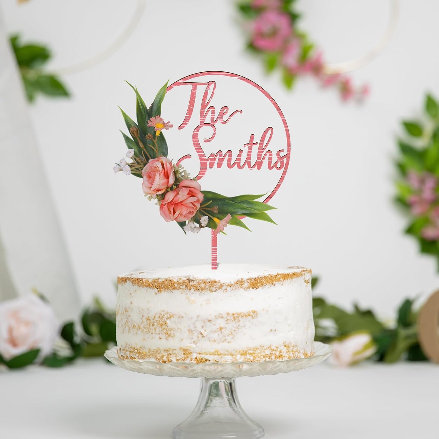 3D Flowers Wedding Cake Topper Custom Last Name Wedding Cake Decoration in Wood with 3D Artificial Roses (Pink)