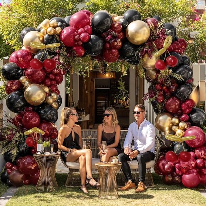 Burgundy Black Balloon Arch Double Stuffed Dark Ruby Red Gold Maroon Black Balloon Garland Kit for Birthday Wedding Bridal Shower Mothers Day Graduation Engagement Cherry Anniversary Party Decor