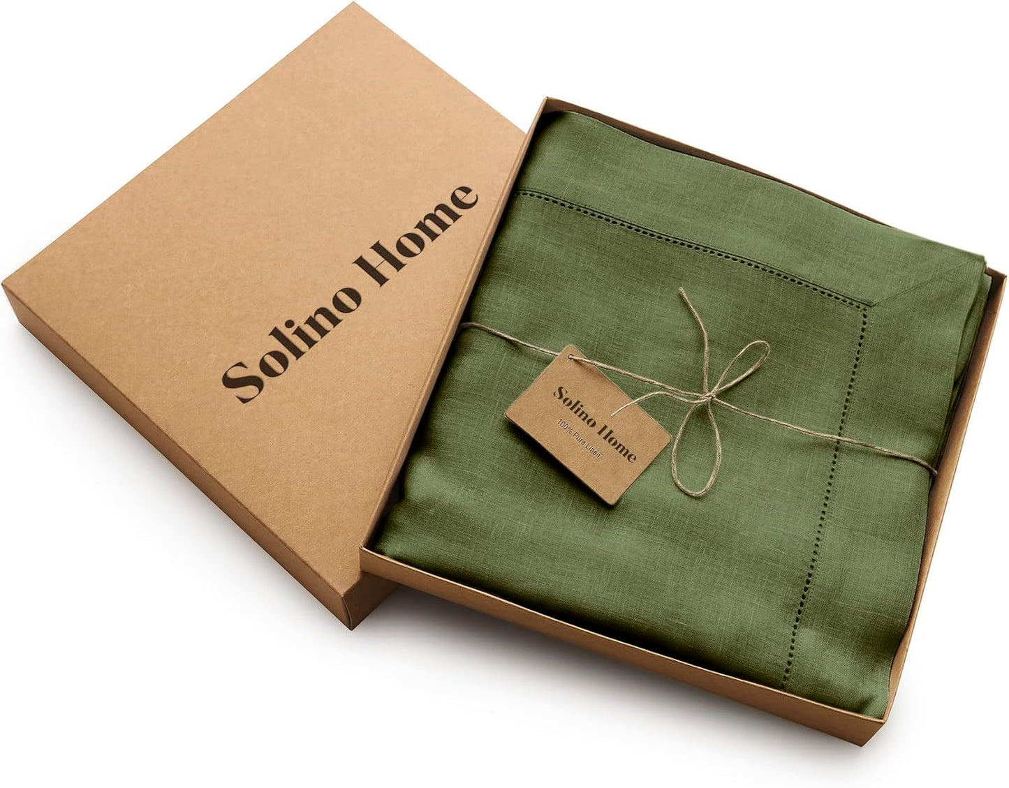 Solino Home Olive Linen Tablecloth 60 x 132 Inch - 100% Pure Linen Classic Hemstitch Table Cloth for Rectangle Tables - Machine Washable Tablecloth for Wedding, Parties, Fall, Autumn, Thanksgiving