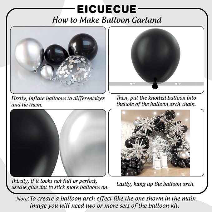 Black and Silver Balloons Garland Arch Kit with Stars 200Pcs - 5 10 12 18 22 inch Balloon and Confetti Balloons for 2025 Graduation New Year Anniversary Birthday Disco Theme Party Decorations
