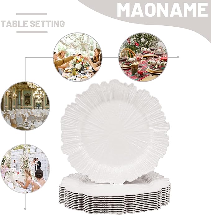 MAONAME White Charger Plates Set of 12, Reef Plate Chargers for Dinner Plate, Plastic Decorative Plates for Table Setting, Thanksgiving, Christmas