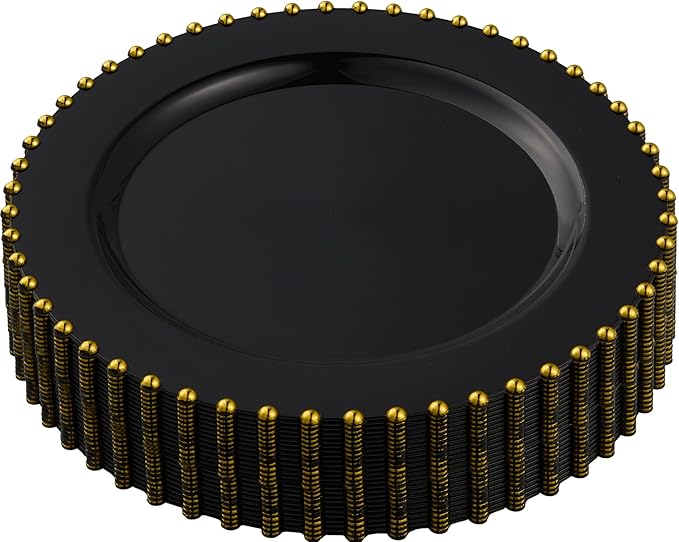 PLASTICPRO 64 Piece Combo Plastic Dinner Plates Disposable Plastic Fancy Heavy Duty Party Dishes 7 inch and 10 inch, Black and Gold Beaded