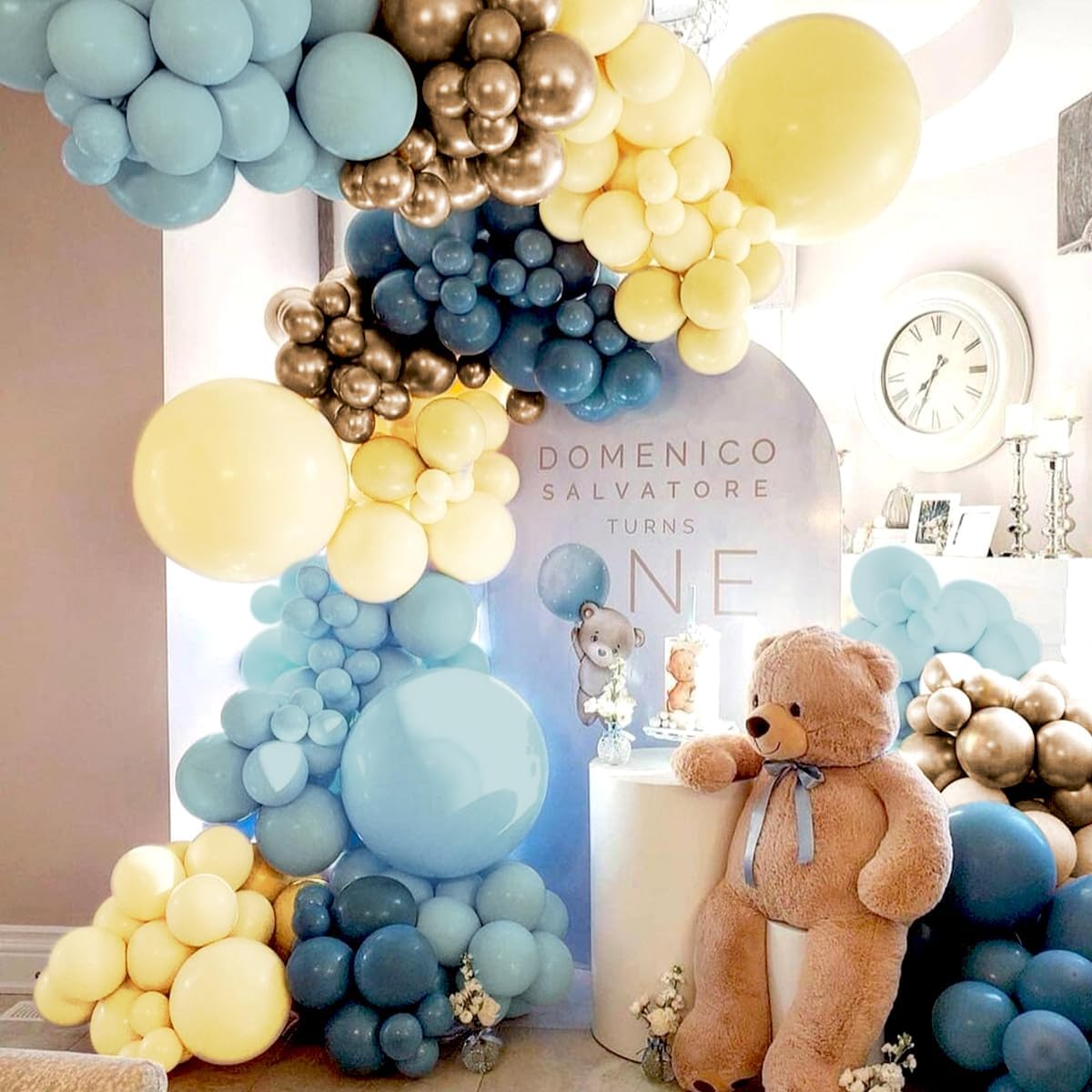 Dusty Blue Yellow Gold Balloon Garland Arch Kit, 160Pcs Boho Retro Blue Pastel Blue Macaroon Yellow Metallic Gold Balloons for Baby Shower Birthday Wedding Party Decoration