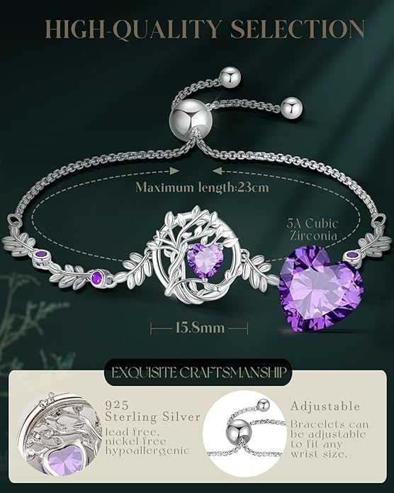 FANCIME Valentines Day Gift Tree of life Birthstone Bracelet for Women Sterling Silver Tree Jewelry Birthstone Charm Bracelet Gemstone Anniversary Birthday Gifts for Wife Mom Her