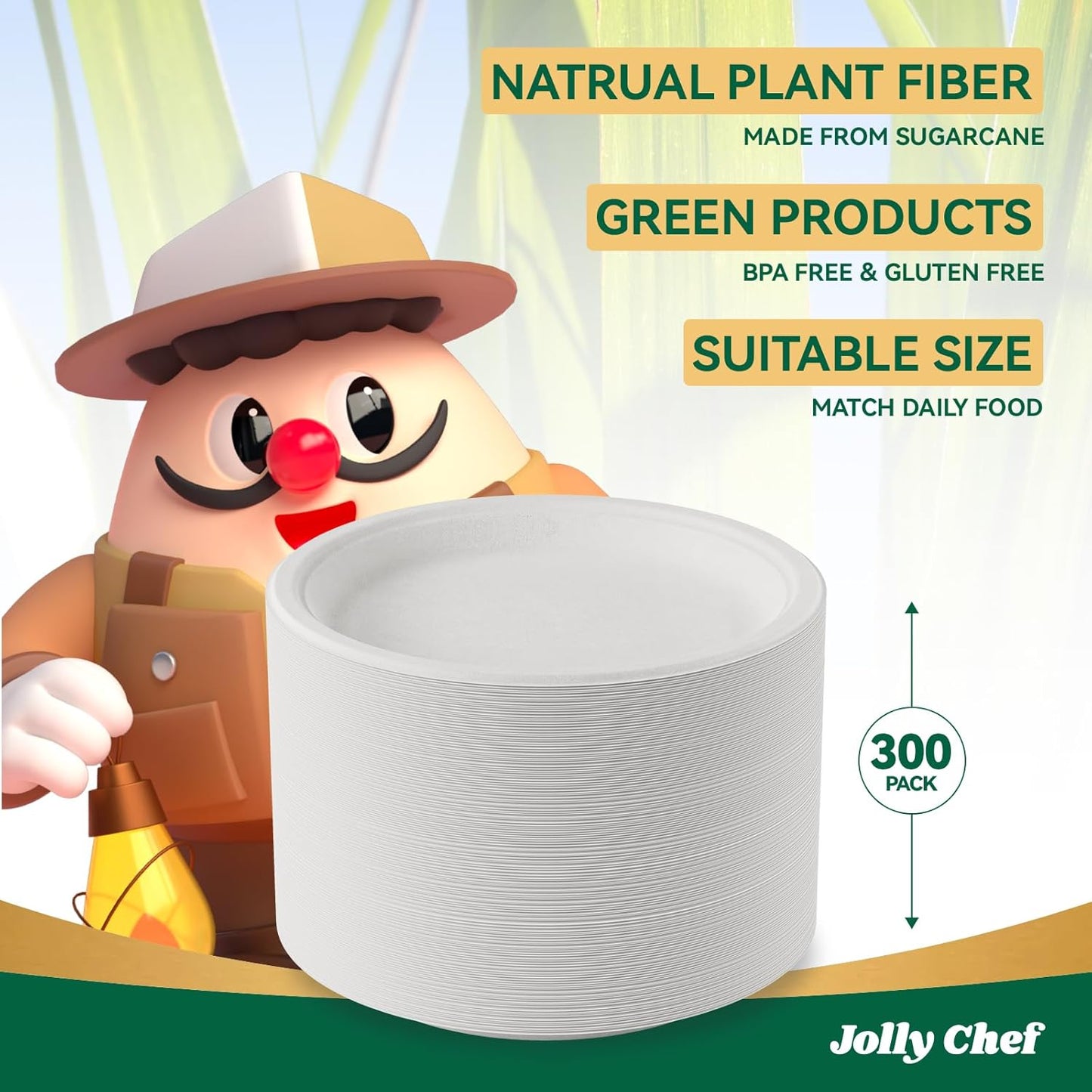 JOLLY CHEF Compostable Heavy Duty Plates 9 Inch [300 Pack] Eco-Friendly Disposable Natural Paper Plates Bagasse Biodegradable Bulk for Party Dinner Sugarcane Fibers Thanksgiving Day(White)