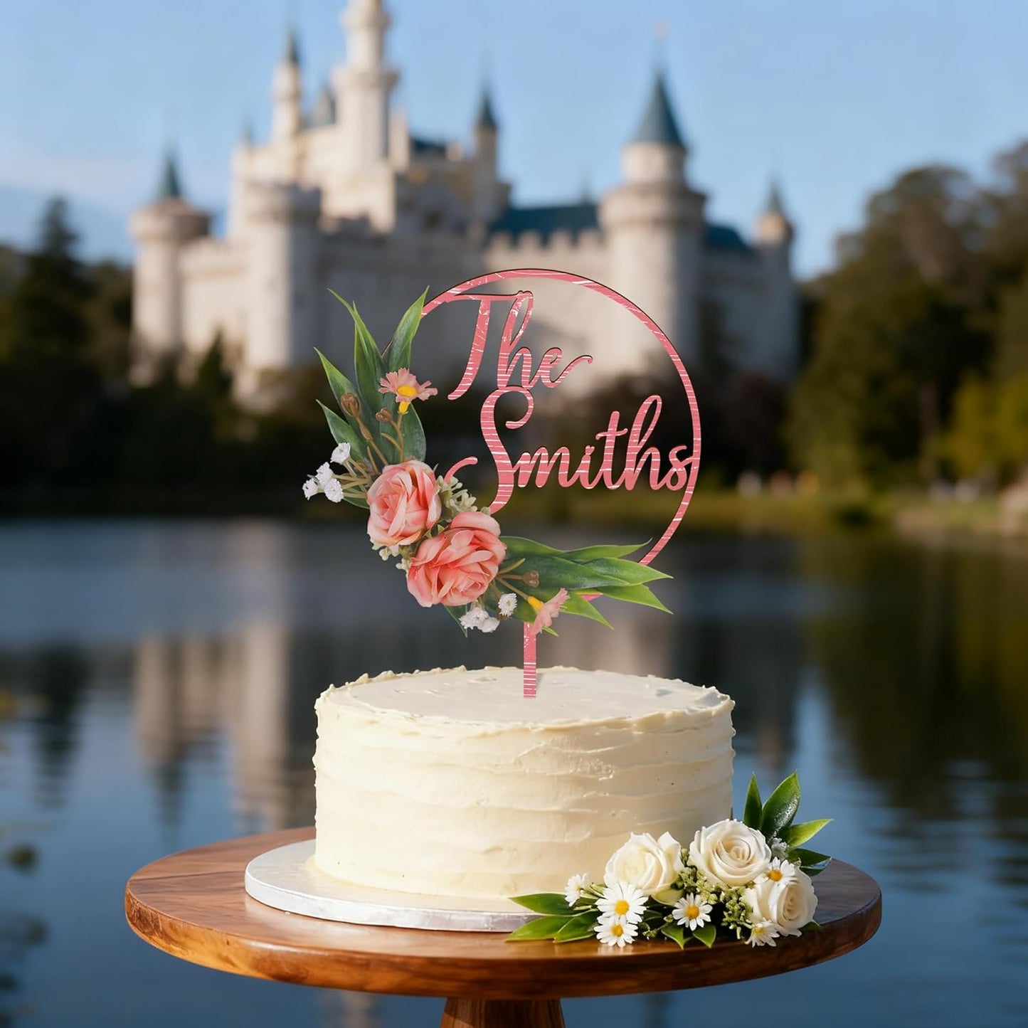 3D Flowers Wedding Cake Topper Custom Last Name Wedding Cake Decoration in Wood with 3D Artificial Roses (Pink)